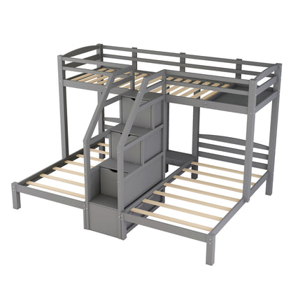 Twin Over Twin & Twin Bunk Bed With Built In Staircase And Storage Drawer - Gray - The Sleep Loft - Online Mattress Showroom NYC