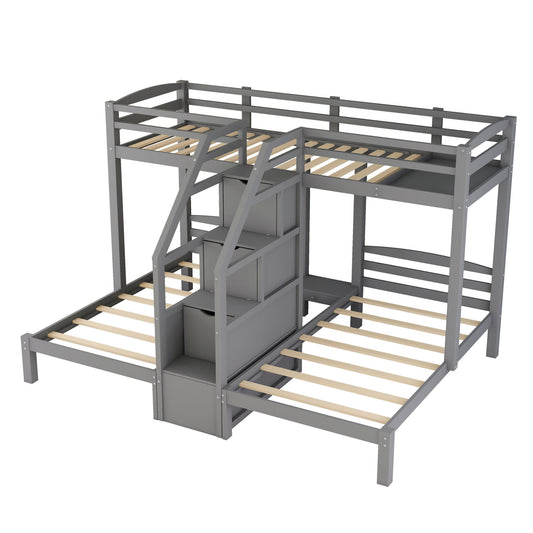 Twin Over Twin & Twin Bunk Bed With Built In Staircase And Storage Drawer - Gray - The Sleep Loft - Online Mattress Showroom NYC