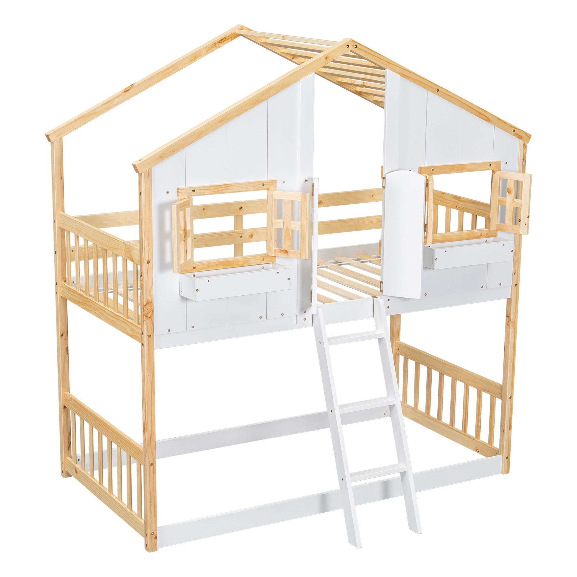 House Bunk Bed With Roof, Window, Window Box, Door, With Safety Guardrails And Ladder - The Sleep Loft - Online Mattress Showroom NYC