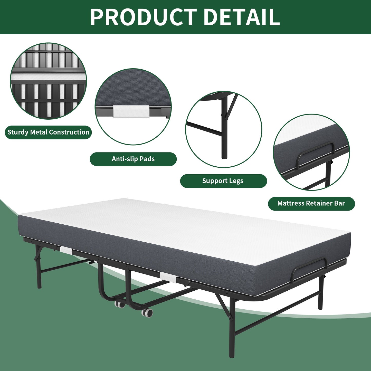 Twin Extra Long Folding Bed For Tall People, Heavy-Duty Rollaway Guest With Memory Foam Mattress - Black - The Sleep Loft - Online Mattress Showroom NYC