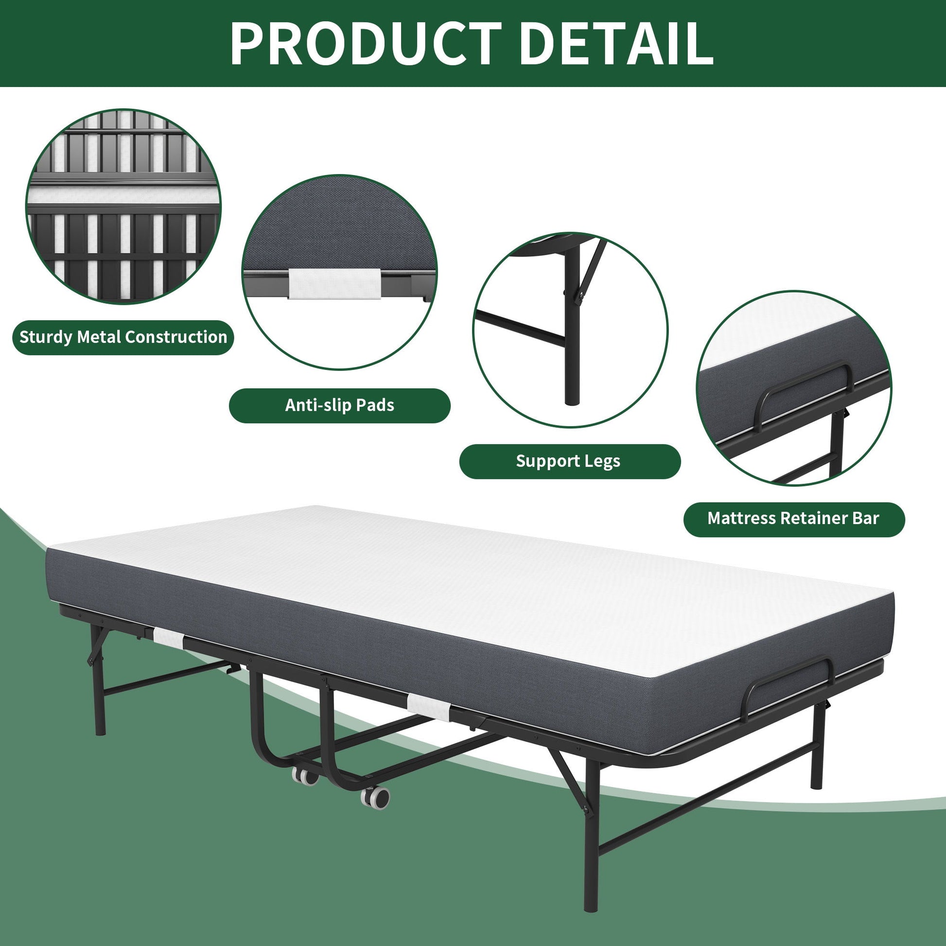 Twin Extra Long Folding Bed For Tall People, Heavy-Duty Rollaway Guest With Memory Foam Mattress - Black - The Sleep Loft - Online Mattress Showroom NYC