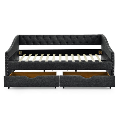 Upholstered Tufted Daybed With Drawers, Waved Arms - The Sleep Loft - Online Mattress Showroom NYC