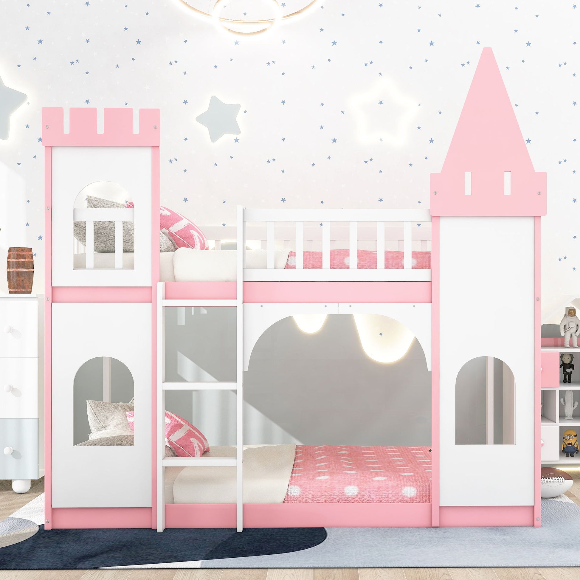 Twin Over Twin Castle Bunk Bed With Ladder - Pink - The Sleep Loft - Online Mattress Showroom NYC