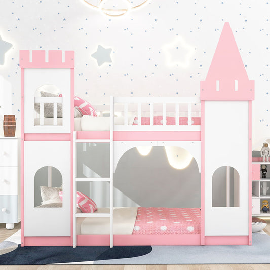 Twin Over Twin Castle Bunk Bed With Ladder - Pink - The Sleep Loft - Online Mattress Showroom NYC