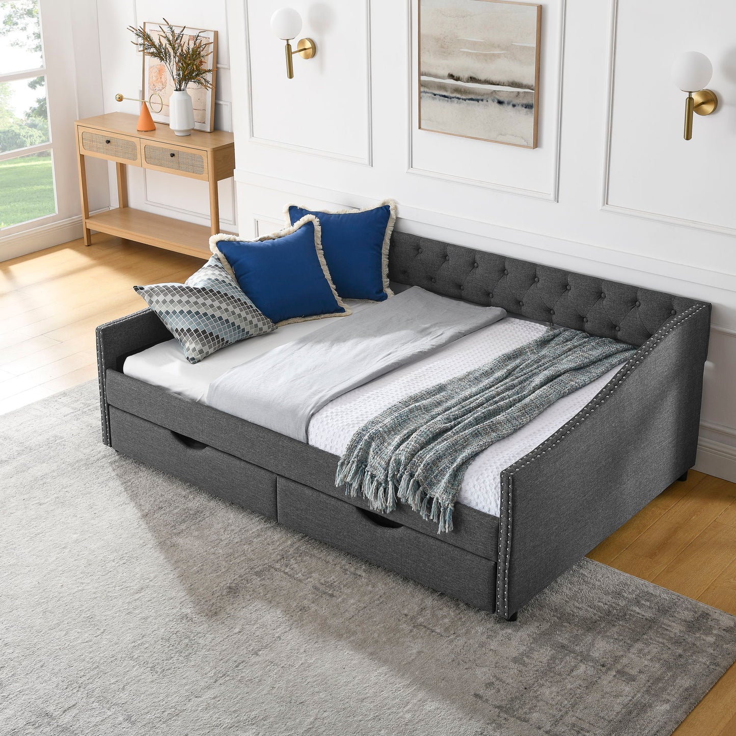 Upholstered Tufted Daybed With 2 Drawers, Waved Arms - The Sleep Loft - Online Mattress Showroom NYC