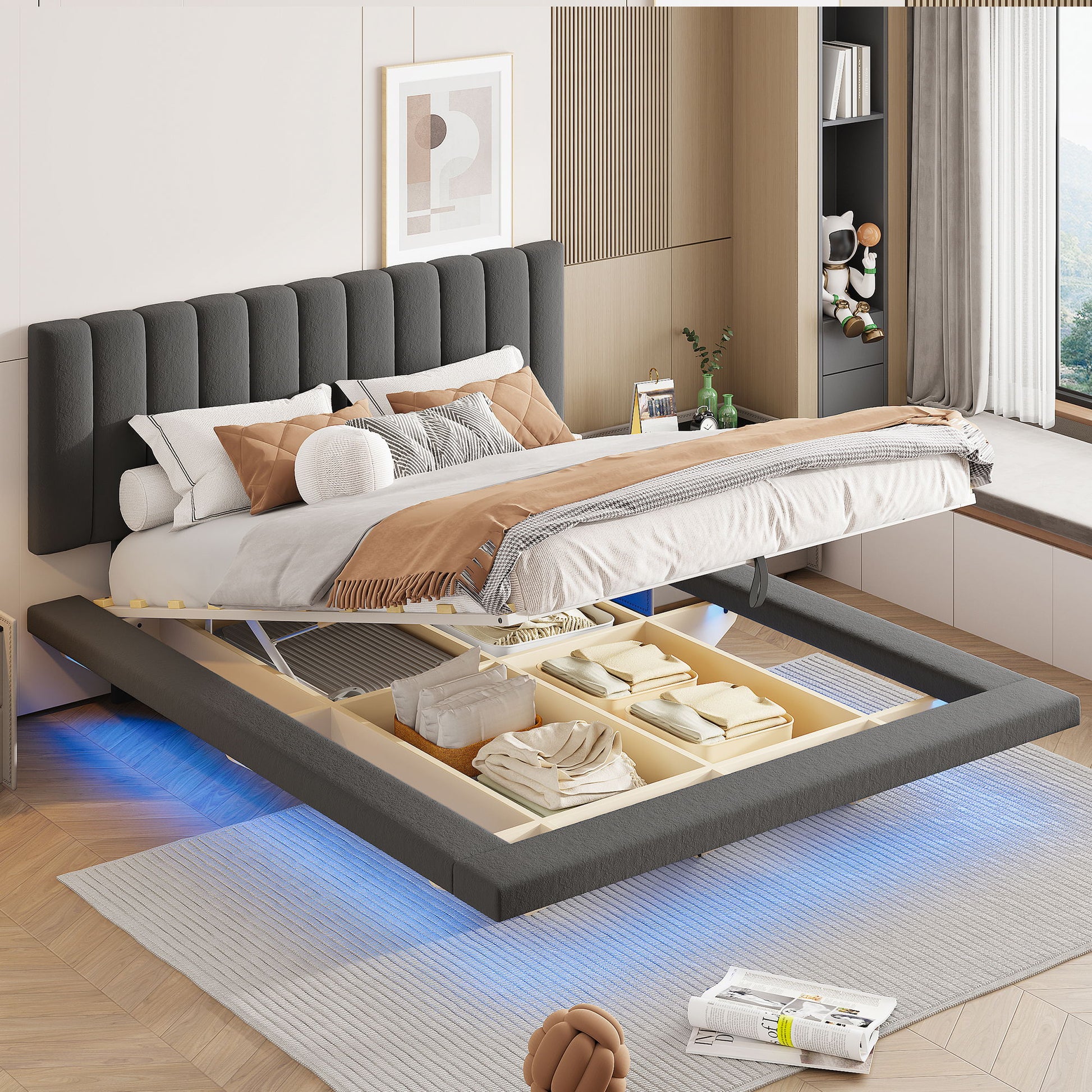 Upholstered Floating Hydrualic Platform Bed With LED Light And USB Port - The Sleep Loft - Online Mattress Showroom NYC