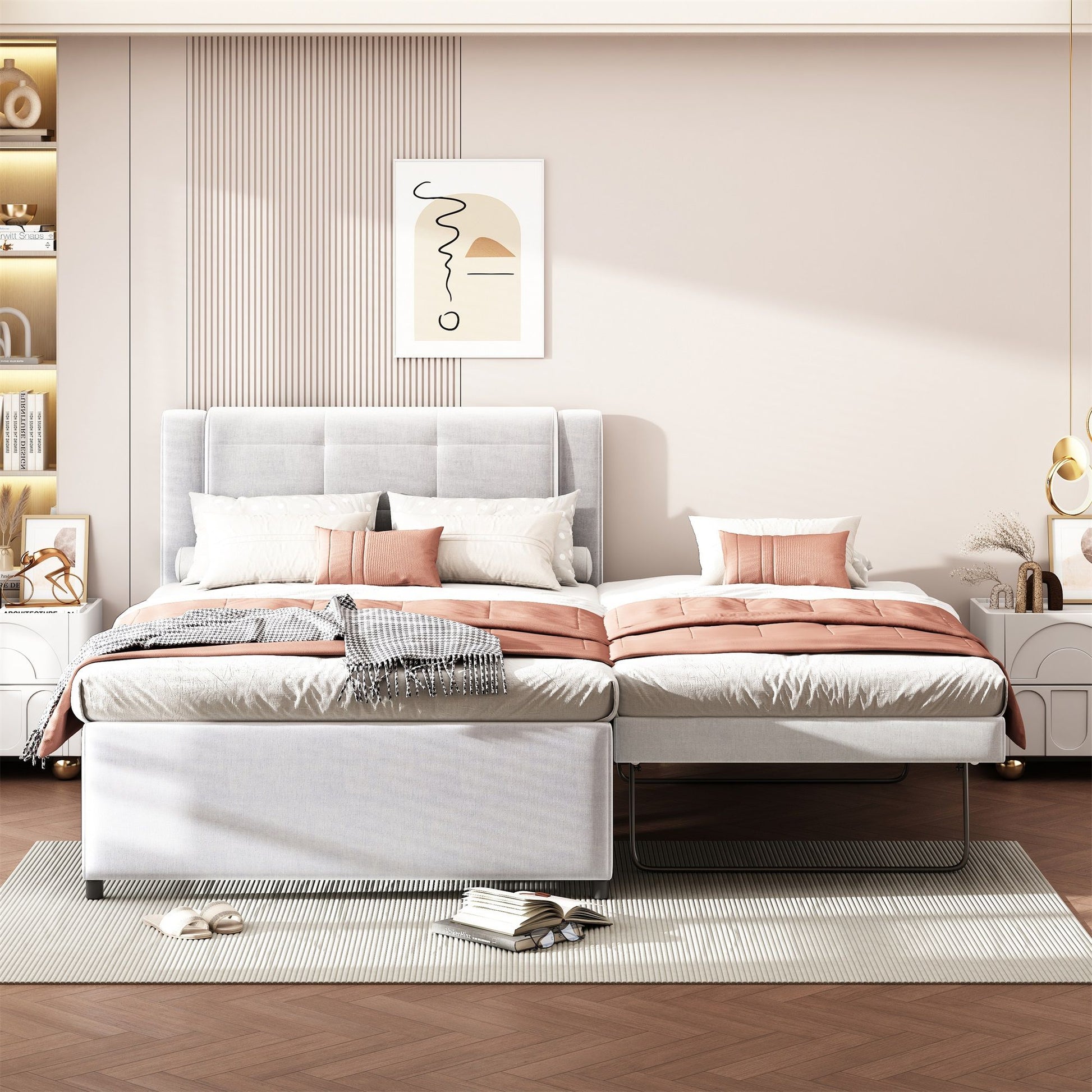 Upholstery Platform Bed With Trundle, Trundle Can Be Flat Or Erected - The Sleep Loft - Online Mattress Showroom NYC