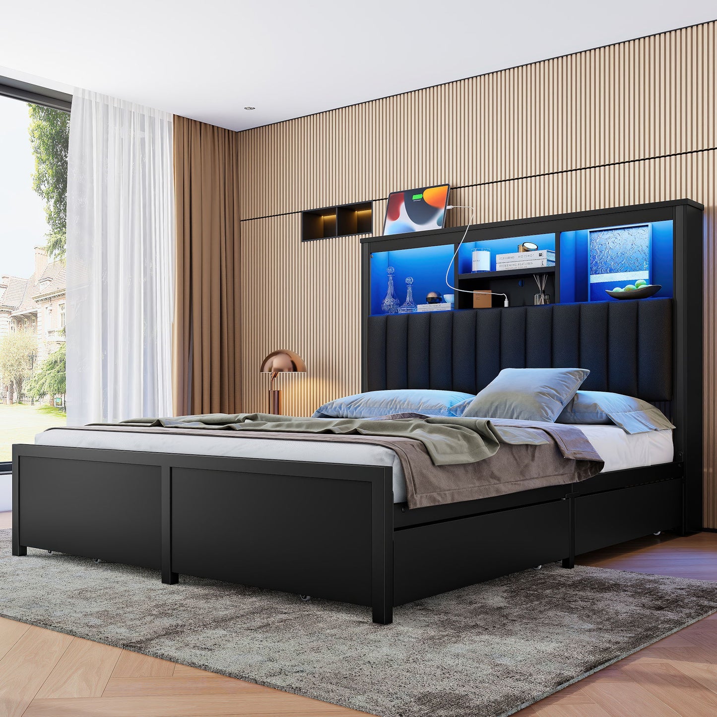 Bed Frame With High Storage Headboard, LED Light And Charging Station, 4 Storage Drawers - The Sleep Loft - Online Mattress Showroom NYC