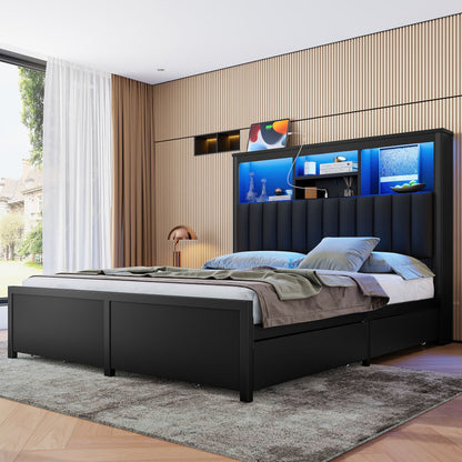 Bed Frame With High Storage Headboard, LED Light And Charging Station, 4 Storage Drawers - The Sleep Loft - Online Mattress Showroom NYC