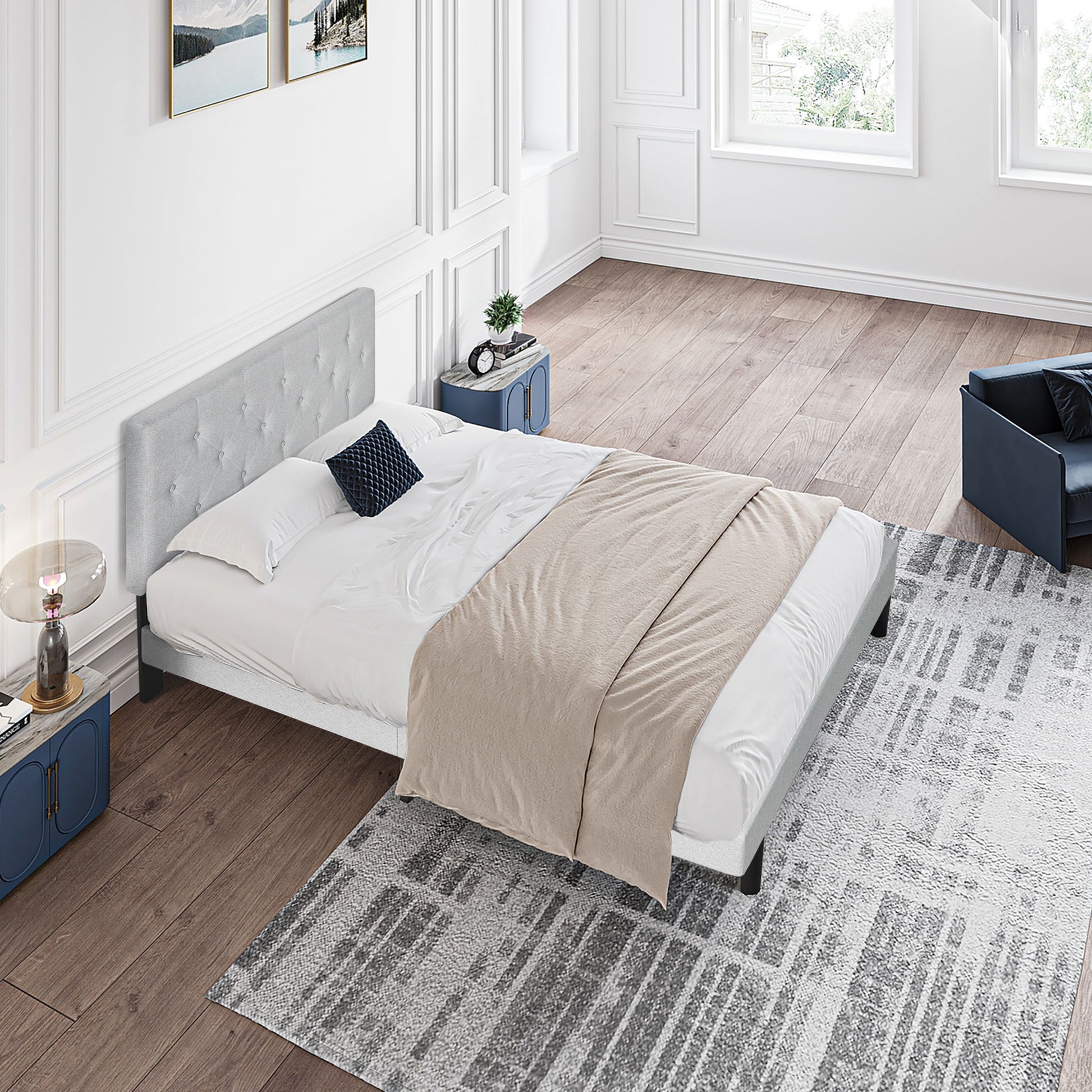 Modern Upholstered Platform Bed Frame With Button Tufted Fabric Headboard - The Sleep Loft - Online Mattress Showroom NYC