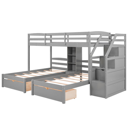 Twin Over Twin & Twin Bunk Bed With Drawers, Staircase Storage, Built In Shelves - Gray - The Sleep Loft - Online Mattress Showroom NYC