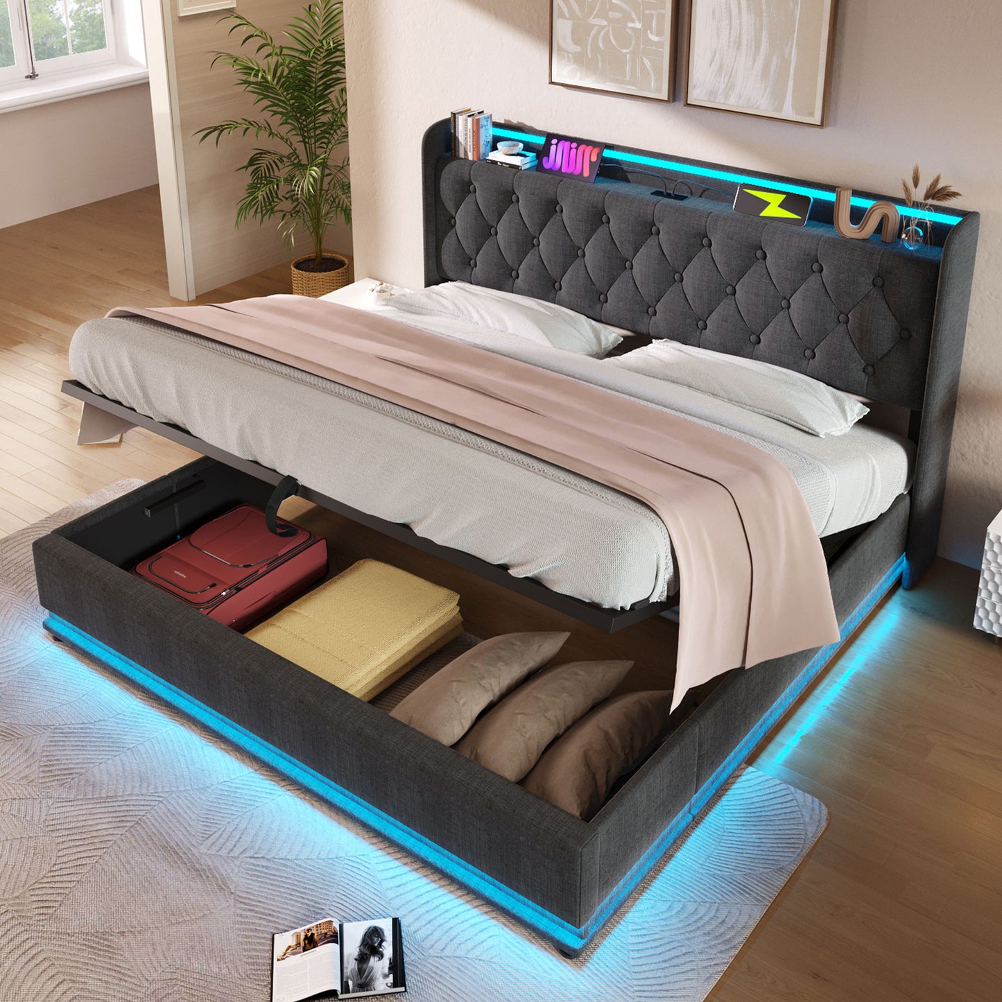 Upholstered Bed, 360 Surround LED Function, Remote Control, Hydraulic Storage Bed With USB, Type-C Charging (Without Mattress) - The Sleep Loft - Online Mattress Showroom NYC