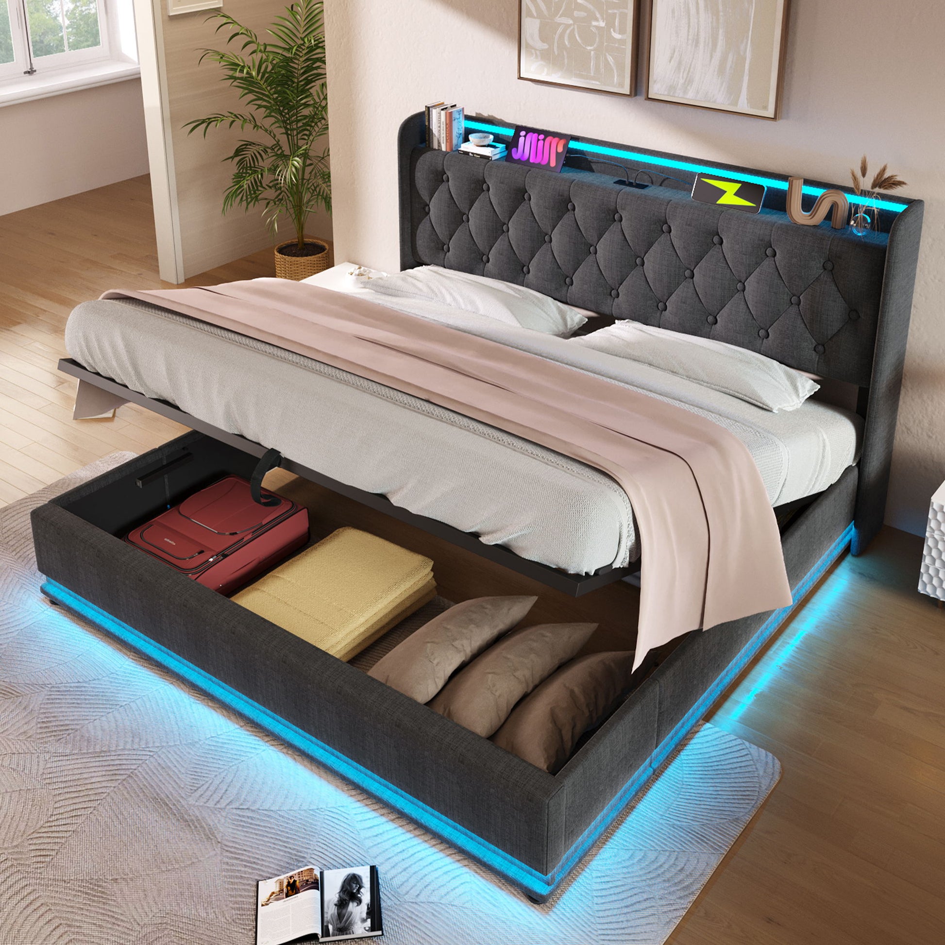 Upholstered Bed, 360 Surround LED Function, Remote Control, Hydraulic Storage Bed With USB, Type-C Charging (Without Mattress) - The Sleep Loft - Online Mattress Showroom NYC