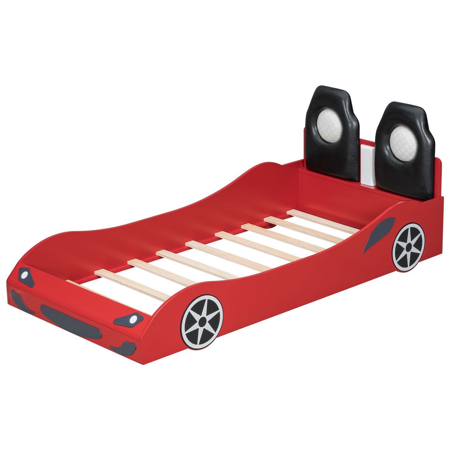Race Car Shaped Platform Bed With LED And Upholstered Backrest In - The Sleep Loft - Online Mattress Showroom NYC