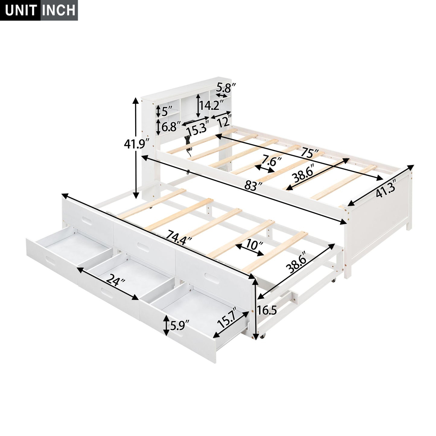 Platform Bed With Storage Headboard, USB, Trundle And 3 Drawers - The Sleep Loft - Online Mattress Showroom NYC