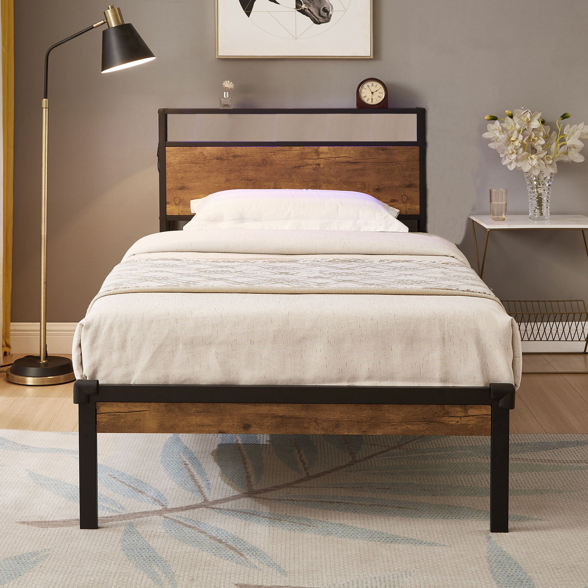 Platform Bed Frame With Wooden Headboard And Footboard, USB Liner - The Sleep Loft - Online Mattress Showroom NYC