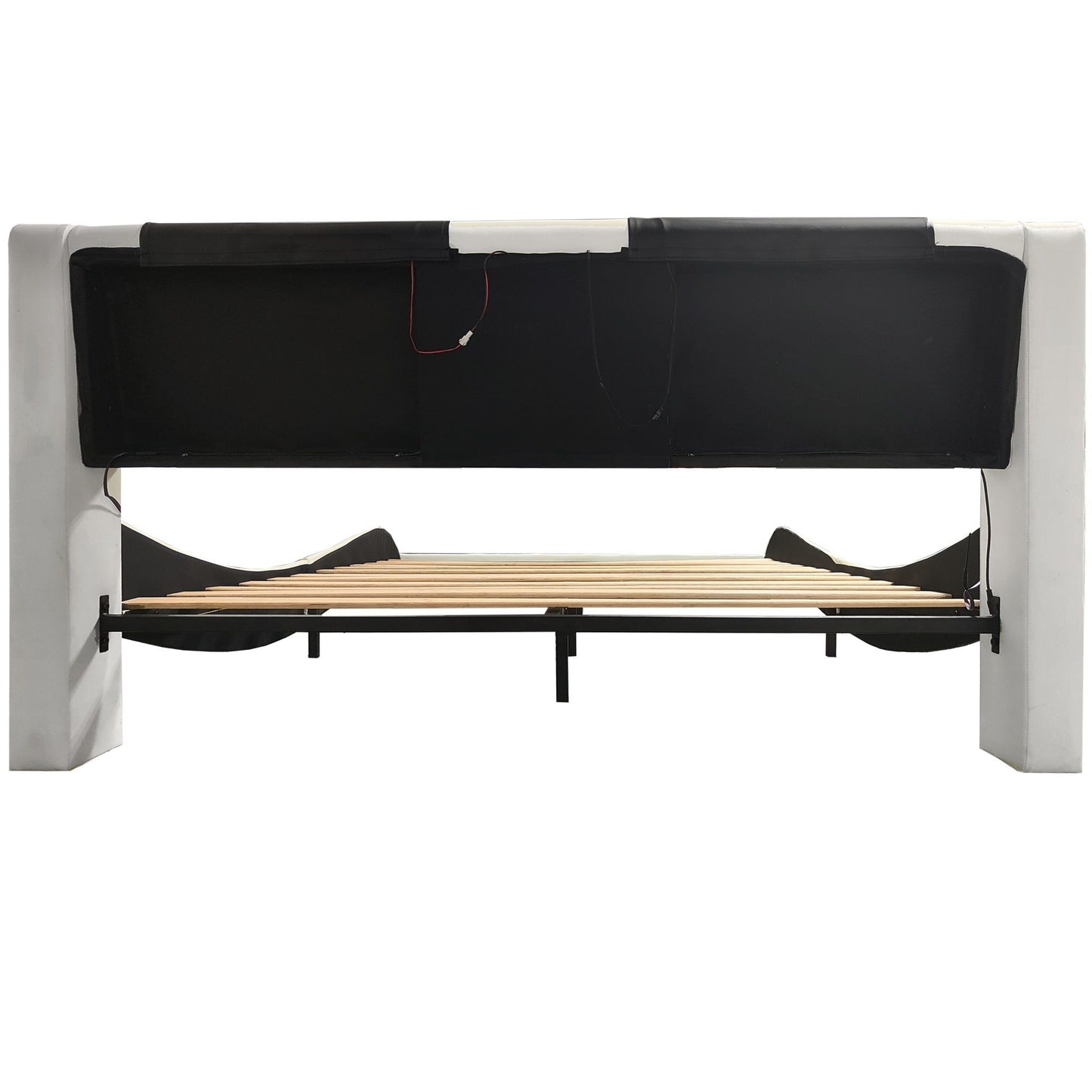 Upholstered Platform Bed Frame With LED Lighting, Bluetooth Connection To Play Music Control, Backrest Vibration Massage, Curve Design, Wood Slat Support, Exhibited Speakers - The Sleep Loft - Online Mattress Showroom NYC