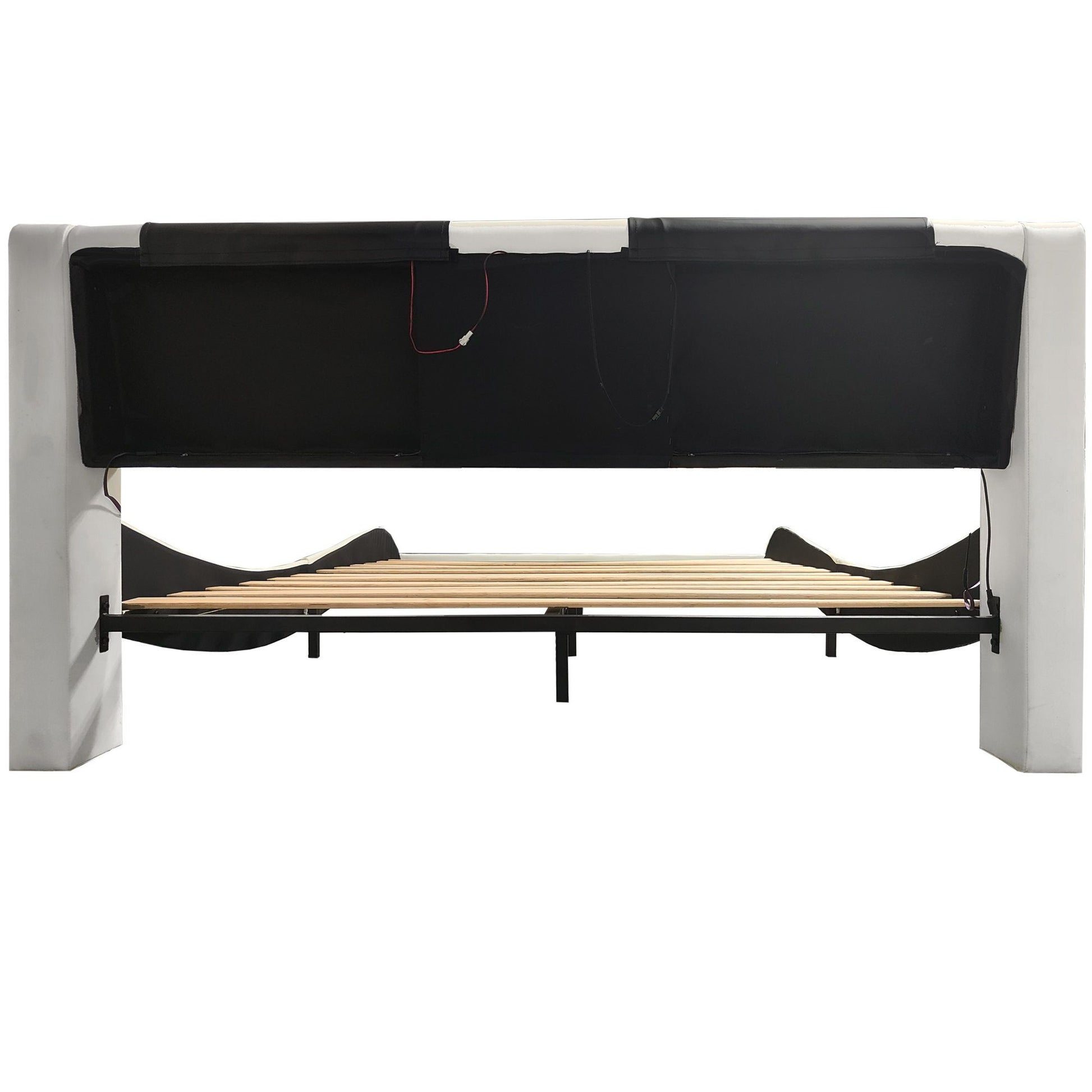 Upholstered Platform Bed Frame With LED Lighting, Bluetooth Connection To Play Music Control, Backrest Vibration Massage, Curve Design, Wood Slat Support, Exhibited Speakers - The Sleep Loft - Online Mattress Showroom NYC