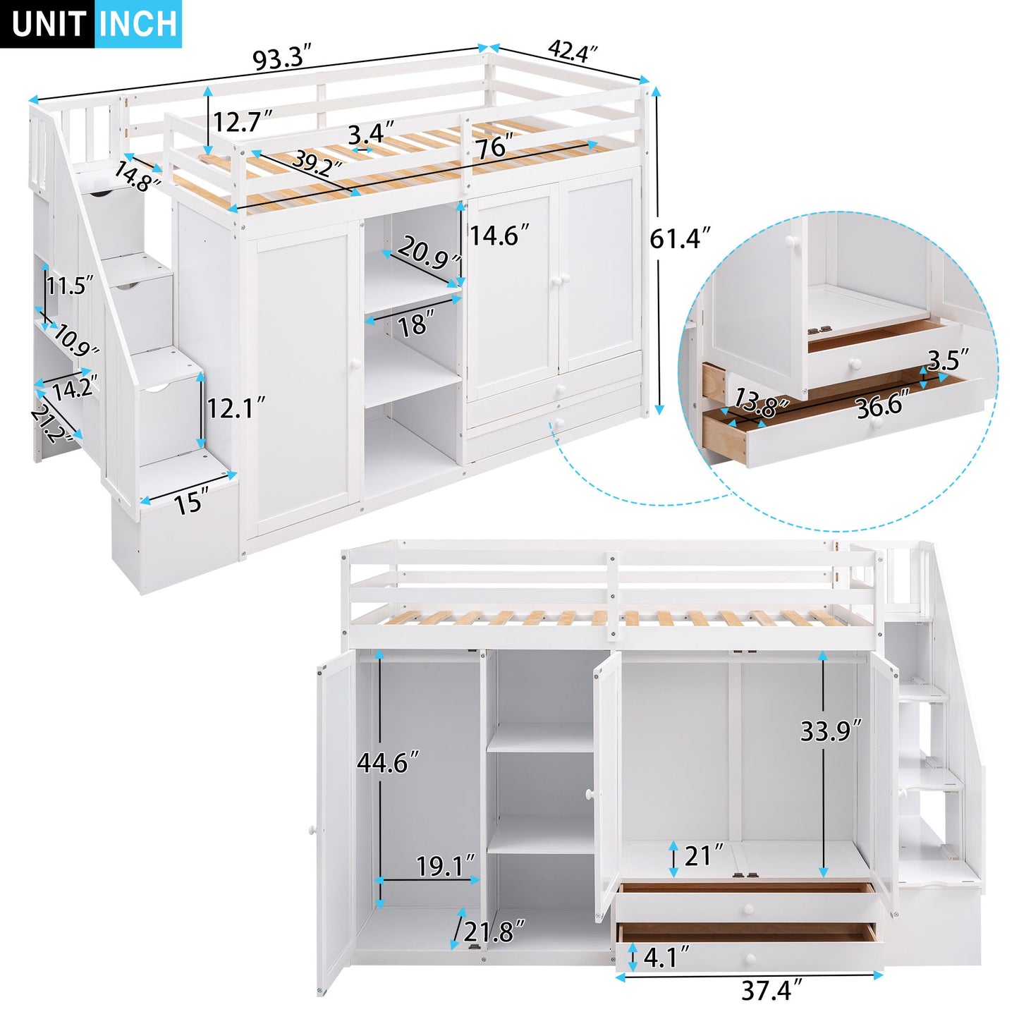 Loft Bed With 3 Shelves, 2 Wardrobes, 2 Drawers, Ladder Storage - The Sleep Loft - Online Mattress Showroom NYC