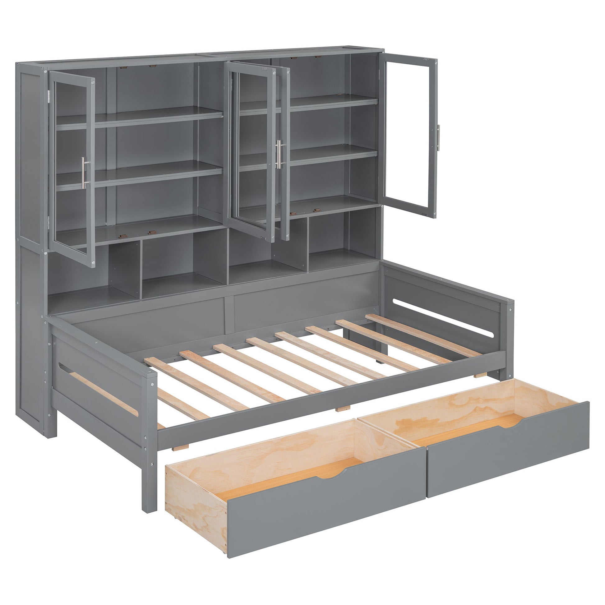 Daybed With Glass Door Storage Cabinets, Built In LED Lighting And Shelves - The Sleep Loft - Online Mattress Showroom NYC
