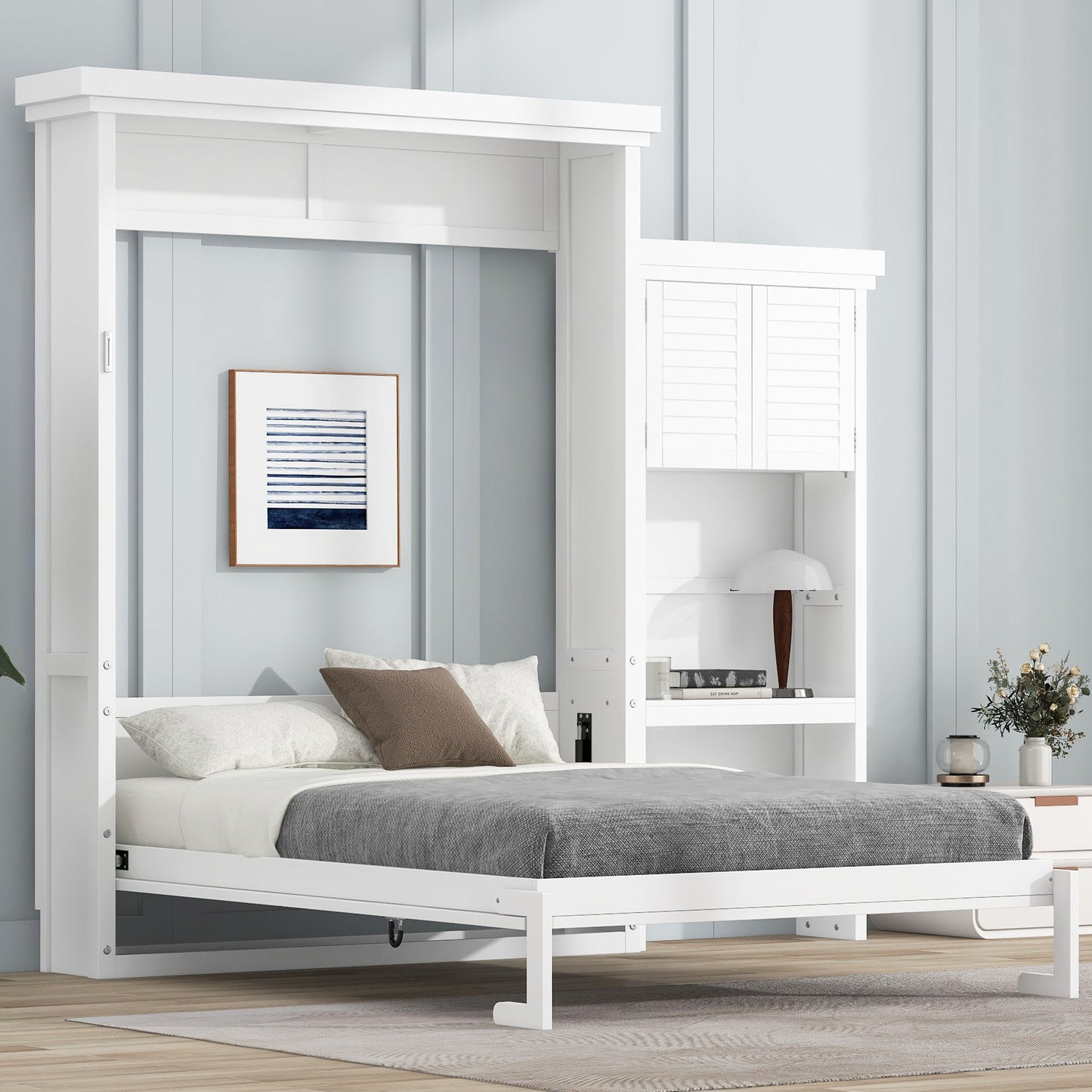 Queen Size Murphy Bed With Louvered Design And Multiple Storage Shelves - White - The Sleep Loft - Online Mattress Showroom NYC