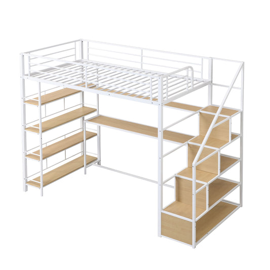 Twin Size Loft Bed With Built In Desk, Staircase Storage & 4 Tier Shelves - White - The Sleep Loft - Online Mattress Showroom NYC