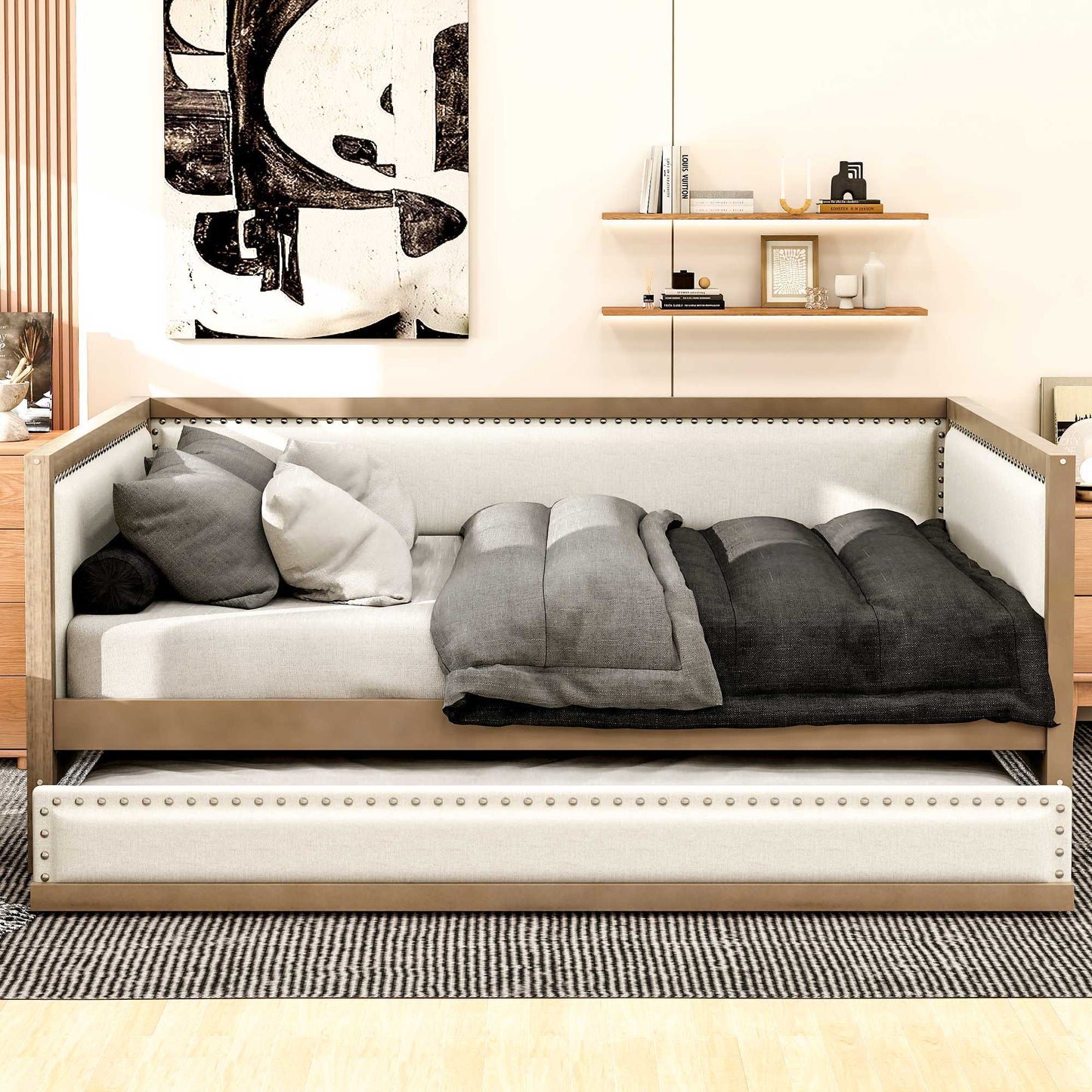 Full Size Daybed With Trundle And Nailhead Decoration - Wood - The Sleep Loft - Online Mattress Showroom NYC