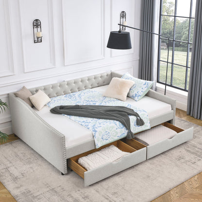 Upholstered Tufted Daybed With Drawers, Waved Arms - The Sleep Loft - Online Mattress Showroom NYC