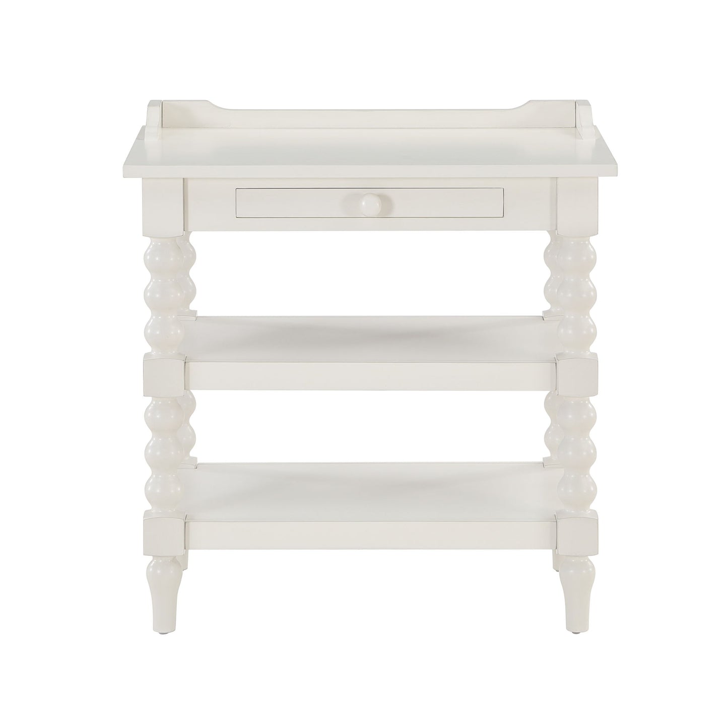 Aria - Nightstand With Styling, 2 Shelves, Pull Out Tray, Spool Turned Legs - Antique White - The Sleep Loft - Online Mattress Showroom NYC