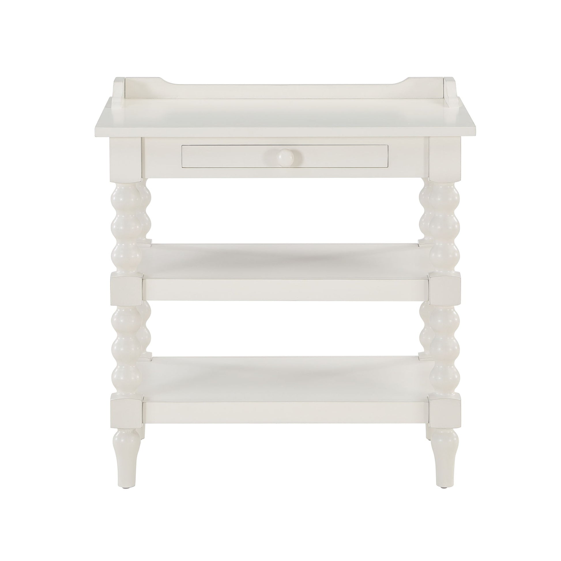 Aria - Nightstand With Styling, 2 Shelves, Pull Out Tray, Spool Turned Legs - Antique White - The Sleep Loft - Online Mattress Showroom NYC