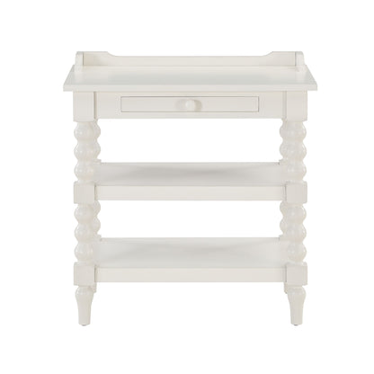 Aria - Nightstand With Styling, 2 Shelves, Pull Out Tray, Spool Turned Legs - Antique White - The Sleep Loft - Online Mattress Showroom NYC