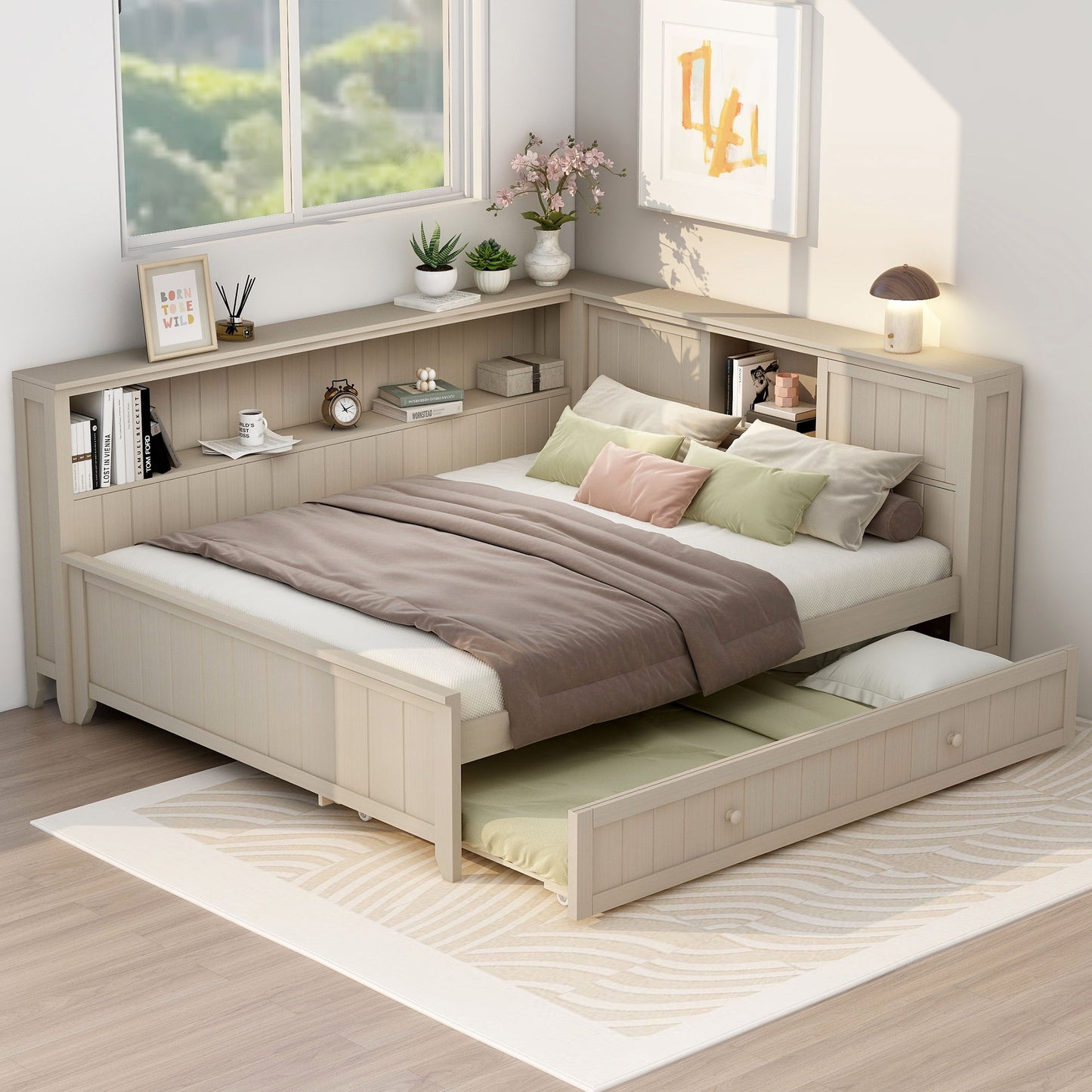 Full Size Daybed With Storage Shelves And Trundle - Ancient White - The Sleep Loft - Online Mattress Showroom NYC