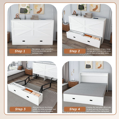 Full Murphy Bed With Storage Drawers, Charging Station, Foldable Panels, And Silent Swivel Wheels