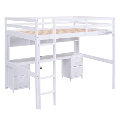 Full Size Loft Bed With Desk, Cabinets, Drawers, Charging Station And Bedside Tray, Sturdy Frame, No Box Spring Required - White - The Sleep Loft - Online Mattress Showroom NYC