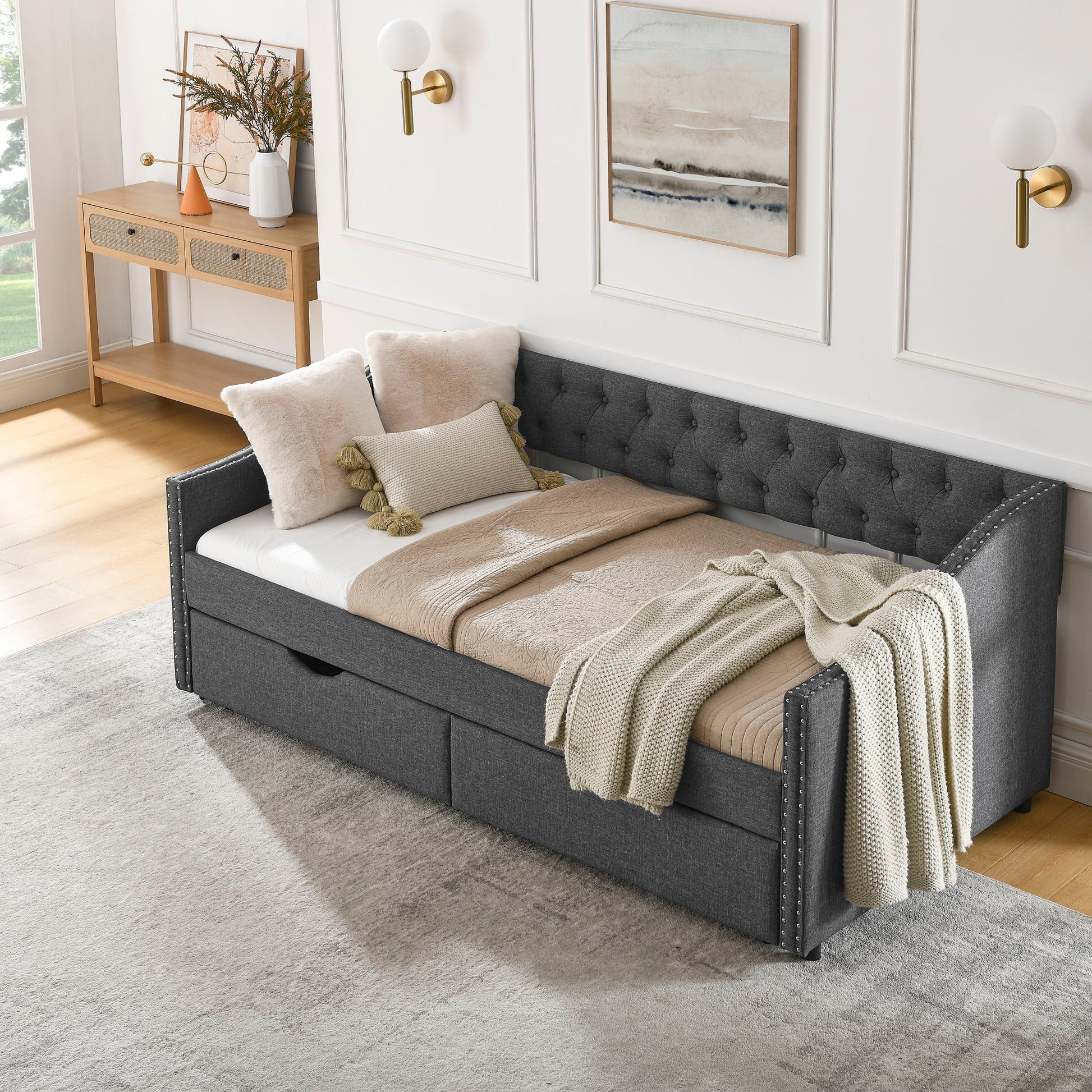 Upholstered Tufted Daybed With 2 Drawers, Waved Arms - The Sleep Loft - Online Mattress Showroom NYC