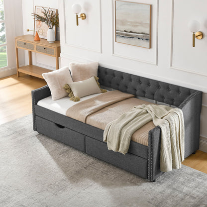 Upholstered Tufted Daybed With 2 Drawers, Waved Arms - The Sleep Loft - Online Mattress Showroom NYC