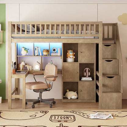 Loft Bed With Built In L Shaped Desk, LED Lights, Storage Shelves, Cabinets, And Staircase - The Sleep Loft - Online Mattress Showroom NYC