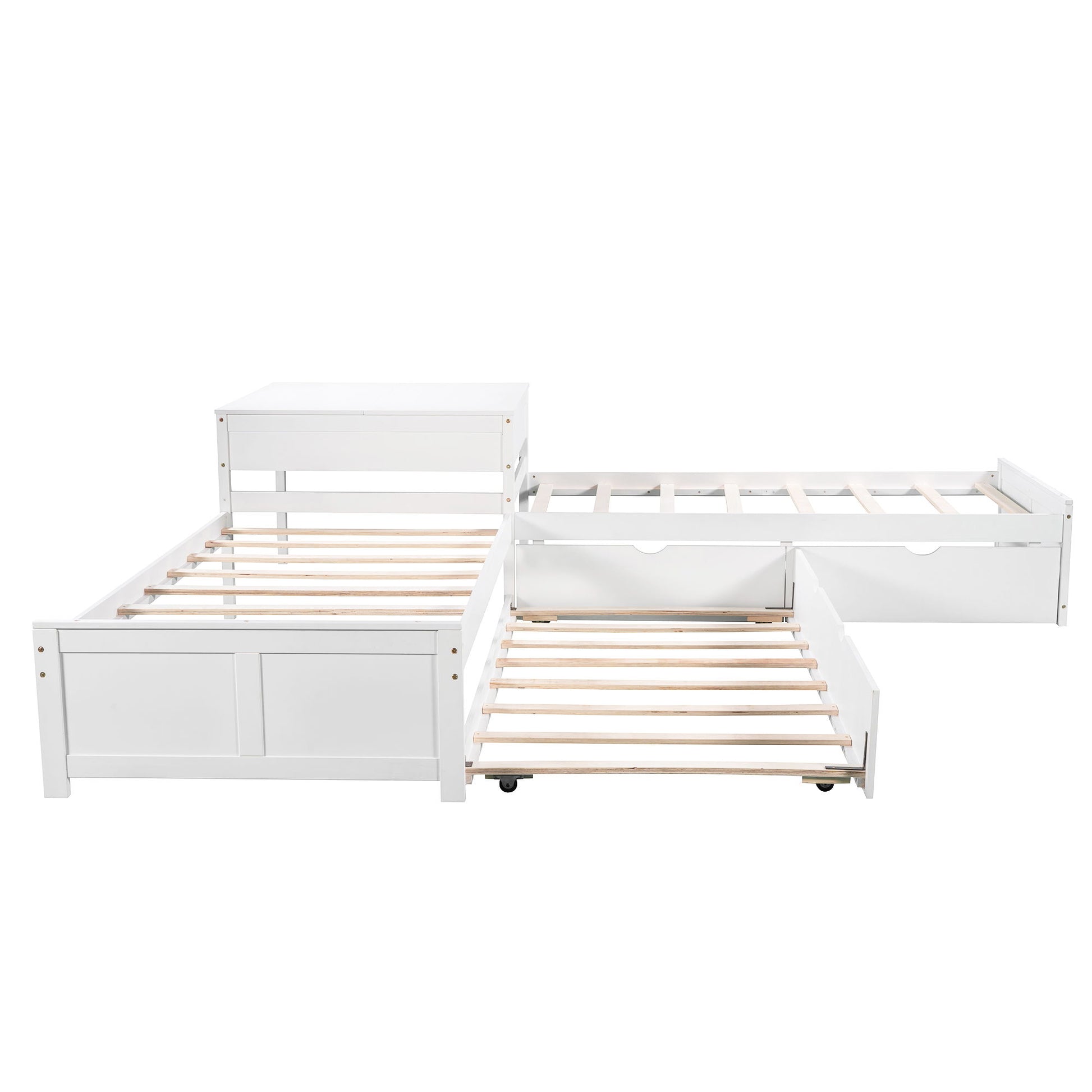 L Shaped Platform Bed With Trundle And Drawers Linked With Built In Desk - The Sleep Loft - Online Mattress Showroom NYC