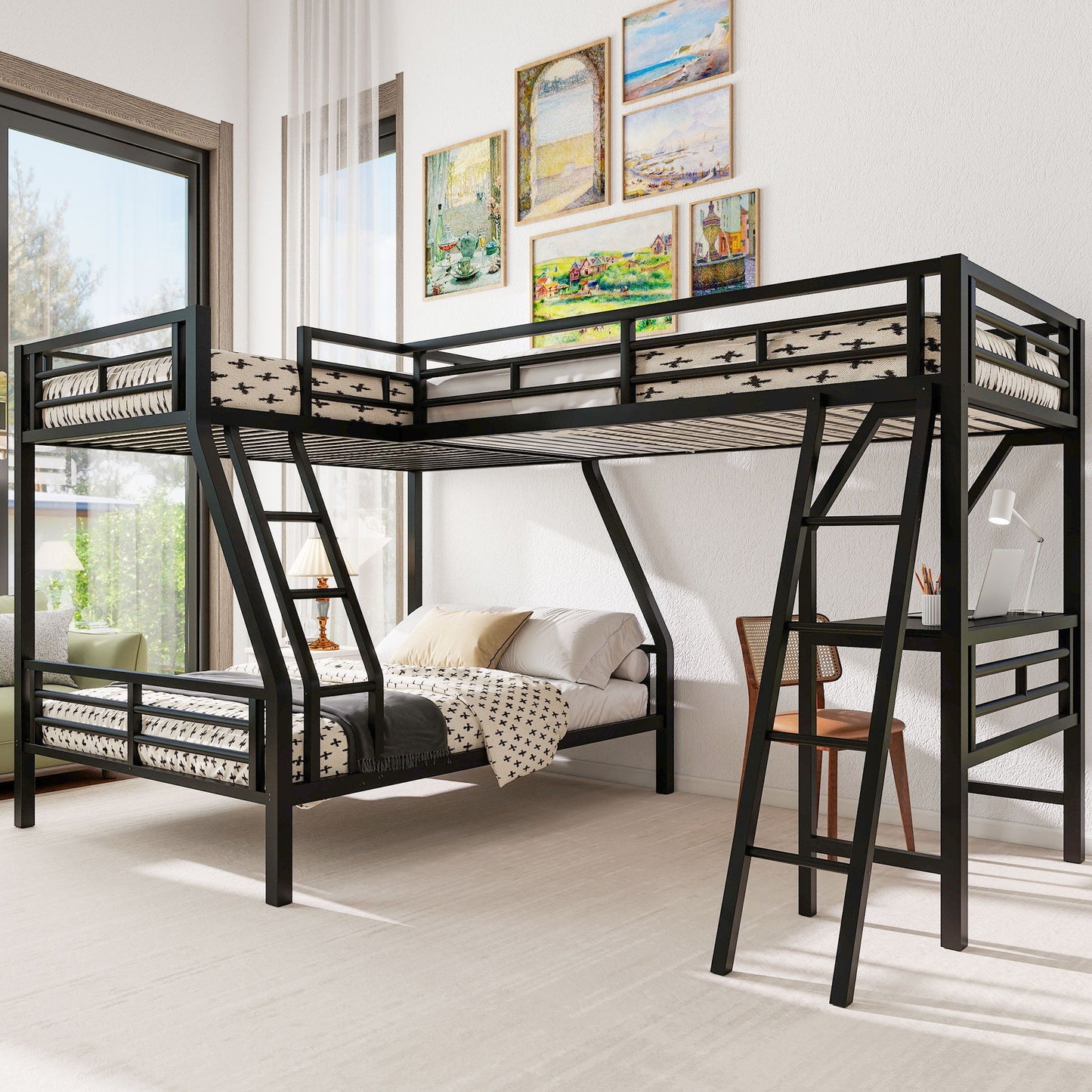 Twin Over Full Bunk Bed With Loft And Desk, L-Shaped Design For 3 Sleepers - Black - The Sleep Loft - Online Mattress Showroom NYC