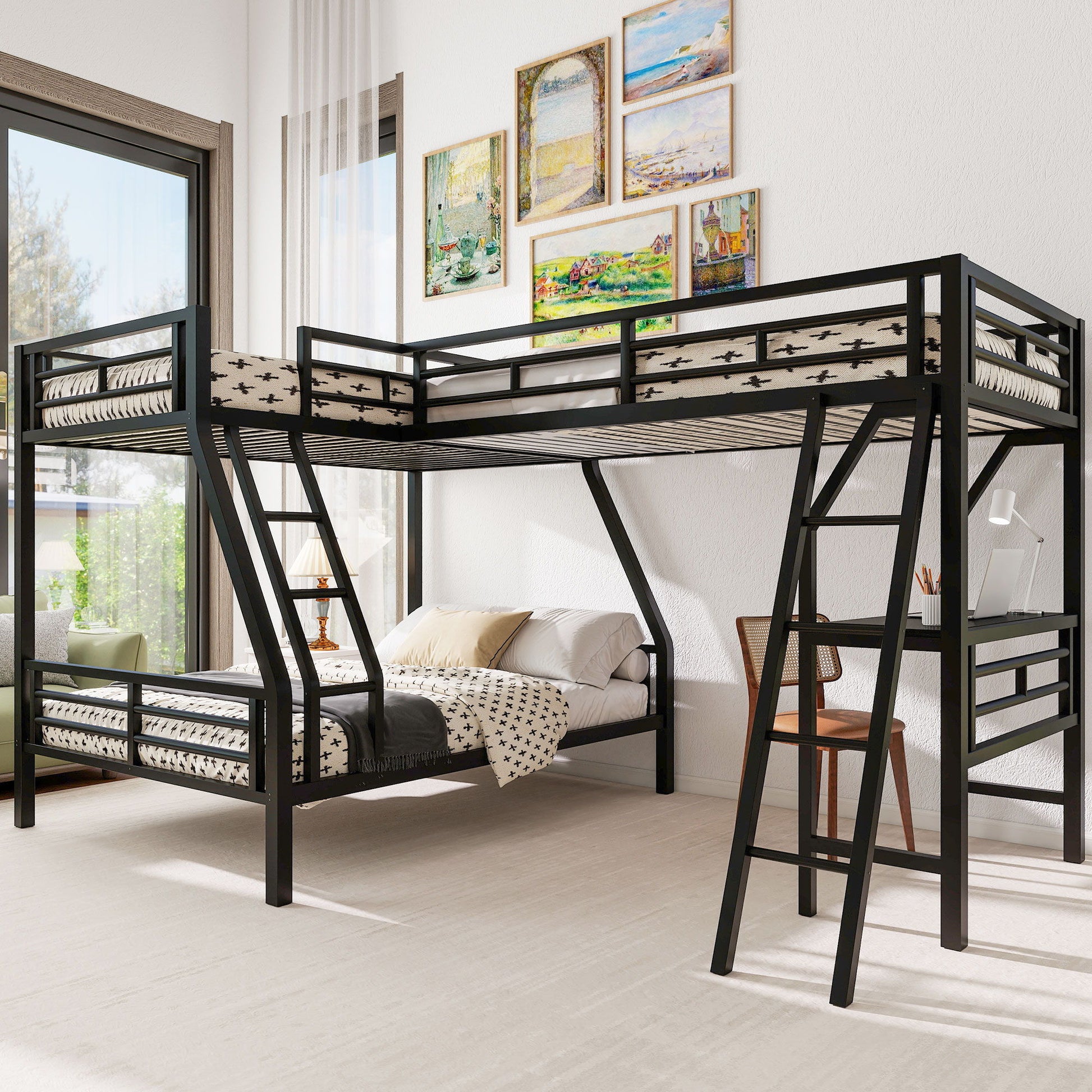 Twin Over Full Bunk Bed With Loft And Desk, L-Shaped Design For 3 Sleepers - Black - The Sleep Loft - Online Mattress Showroom NYC