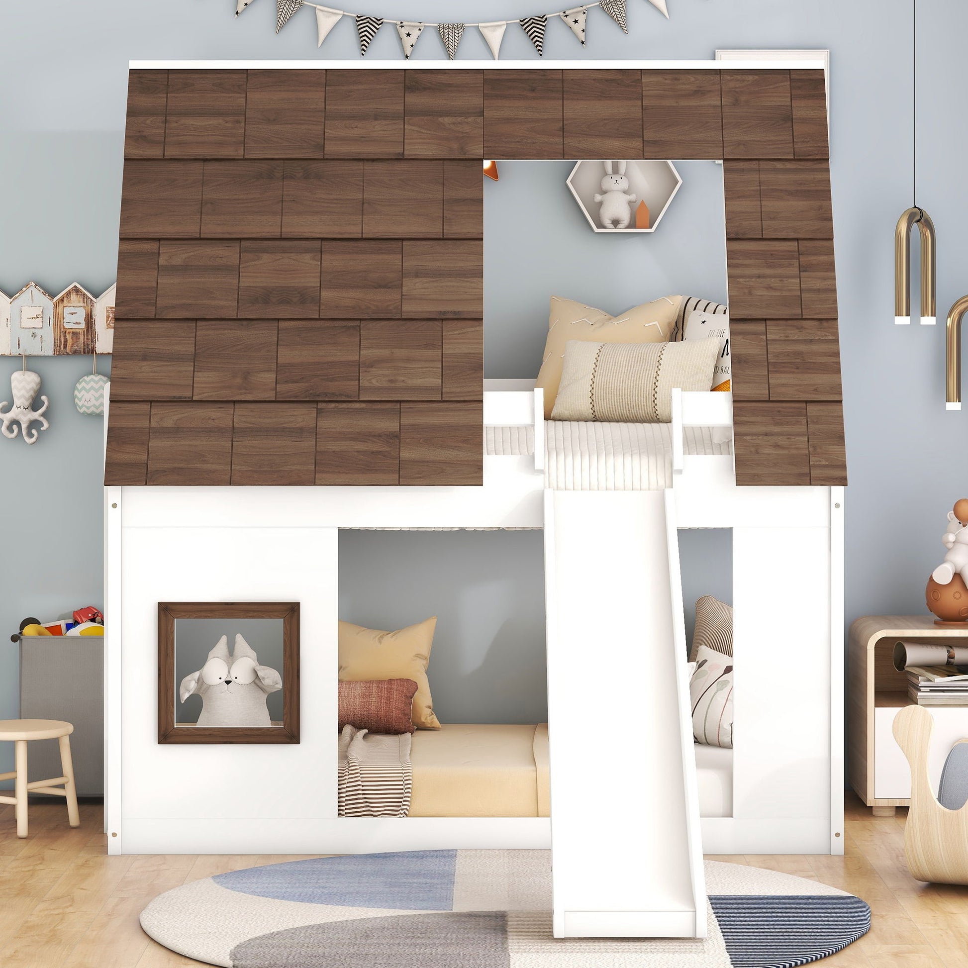 Wood Twin Size House Bunk Bed With Roof, Ladder And Slide - White / Brown - The Sleep Loft - Online Mattress Showroom NYC