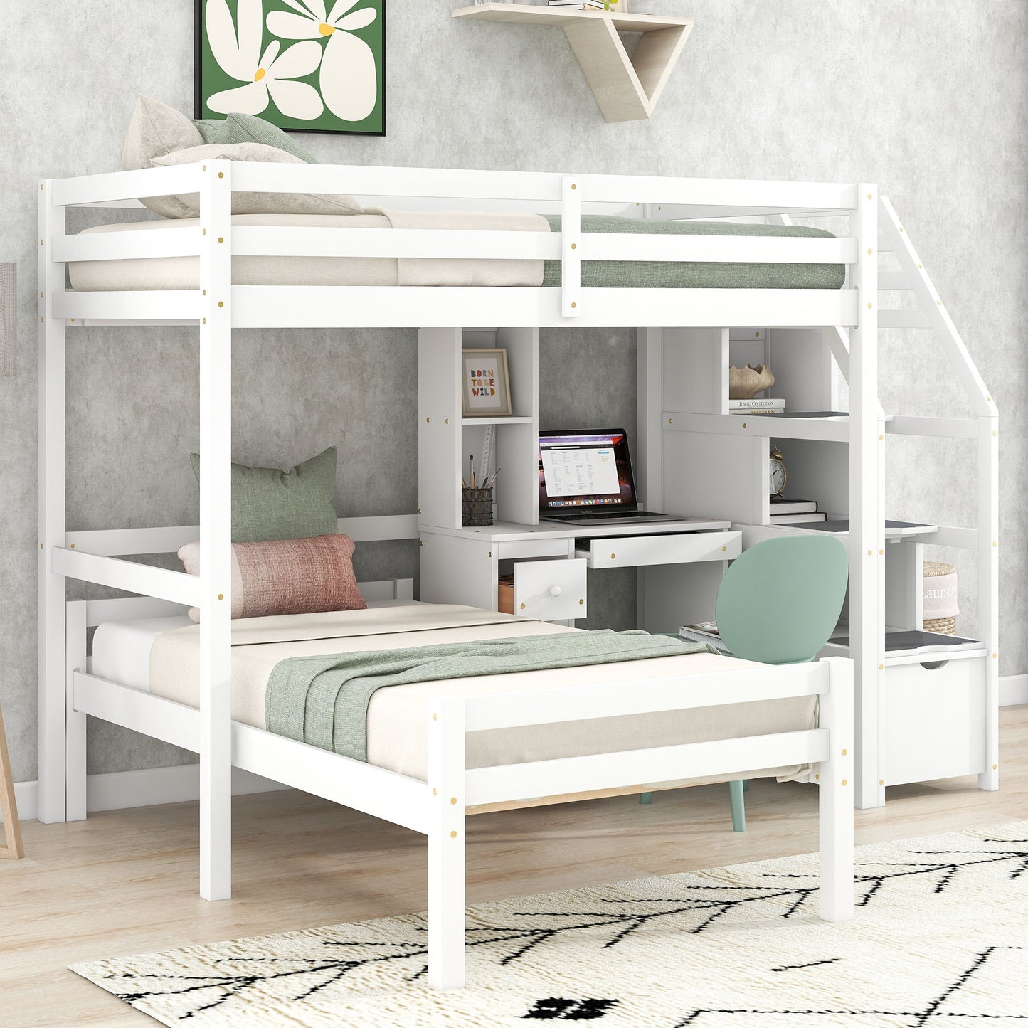 Loft Bed With Stand Alone Bed, Storage Staircase, Desk, Shelves, And Drawers - The Sleep Loft - Online Mattress Showroom NYC