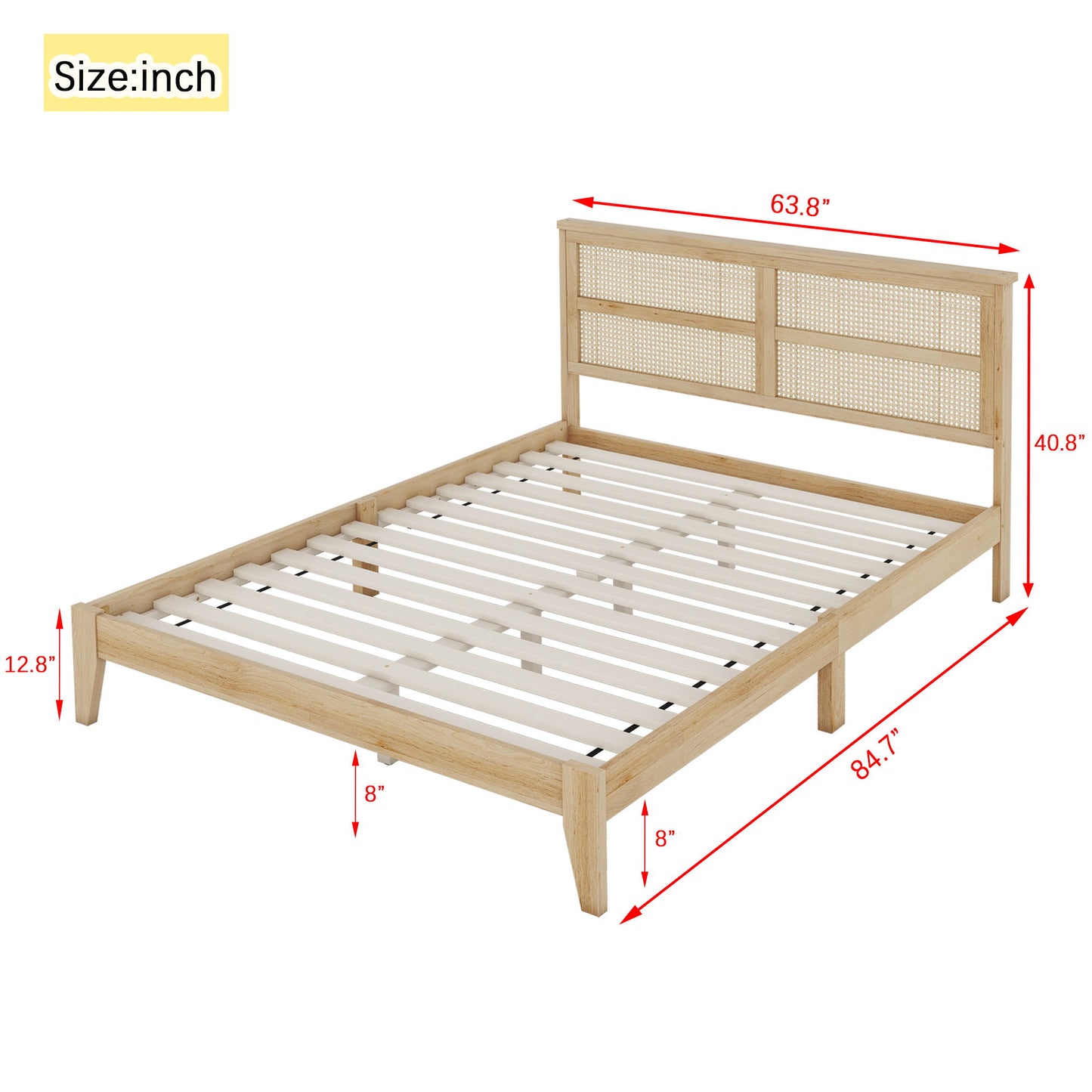 Queen Size Rubber Wooden, Solid Wooden Bed With Rattan Headboard, Enhanced By Support Feet - Natural - The Sleep Loft - Online Mattress Showroom NYC
