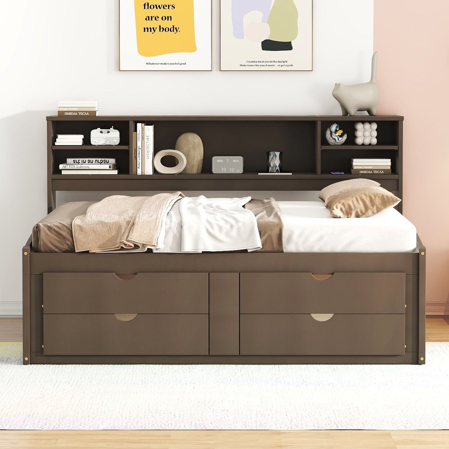 Daybed With 2 Bedside Cabinets, Upper Shelves And 4 Drawers - The Sleep Loft - Online Mattress Showroom NYC