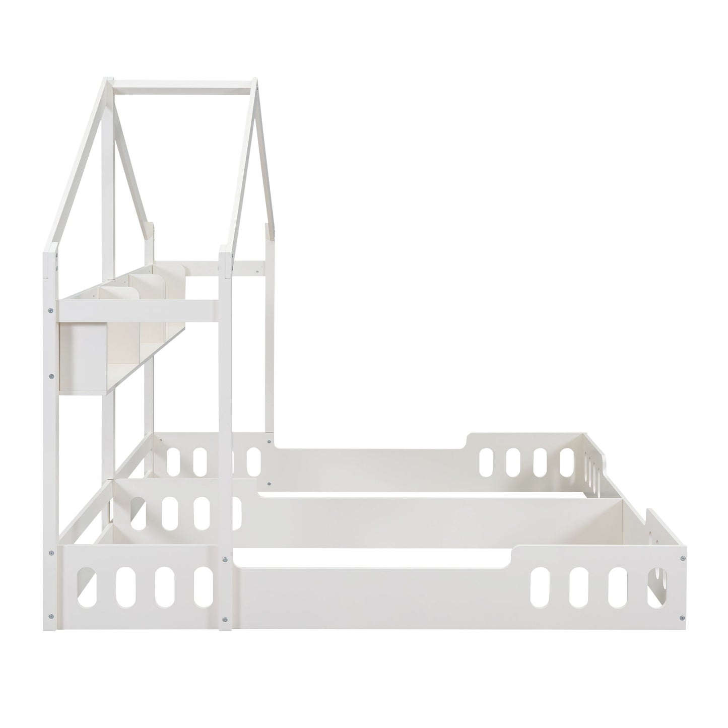 Twin Size Platform Bed With Shared Design, Guardrails, And Built In Shelves - Creamy White - The Sleep Loft - Online Mattress Showroom NYC