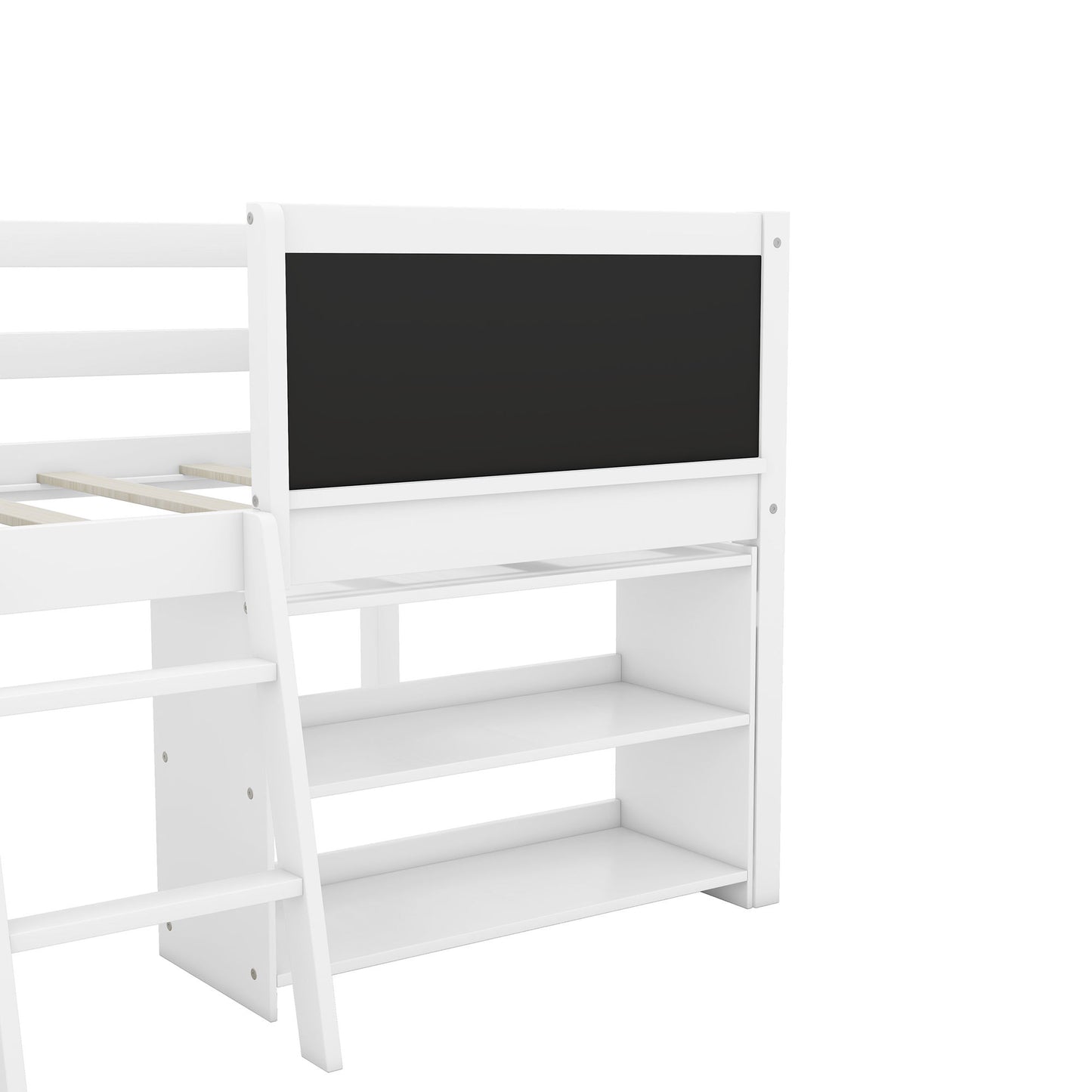 Low Loft Bed With Movable Shelves And Ladder, Decorative Chalkboard Guardrail - The Sleep Loft - Online Mattress Showroom NYC