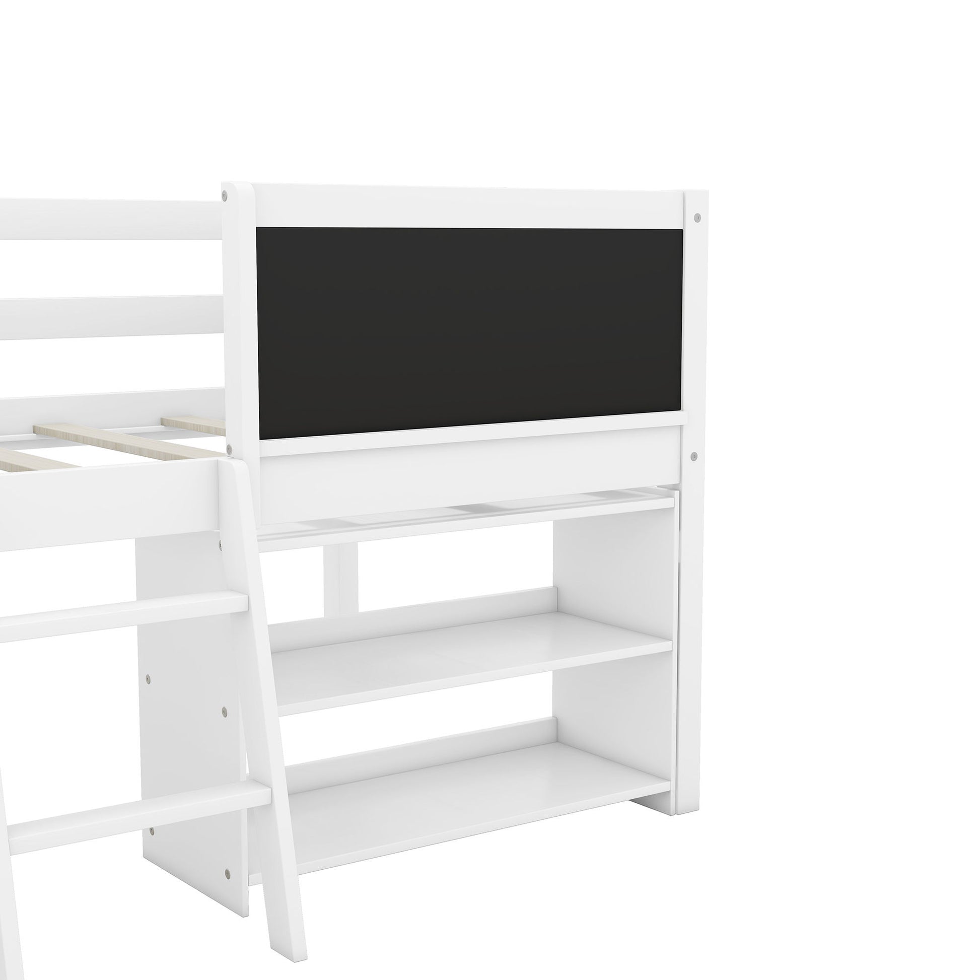 Low Loft Bed With Movable Shelves And Ladder, Decorative Chalkboard Guardrail - The Sleep Loft - Online Mattress Showroom NYC