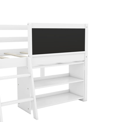 Low Loft Bed With Movable Shelves And Ladder, Decorative Chalkboard Guardrail - The Sleep Loft - Online Mattress Showroom NYC