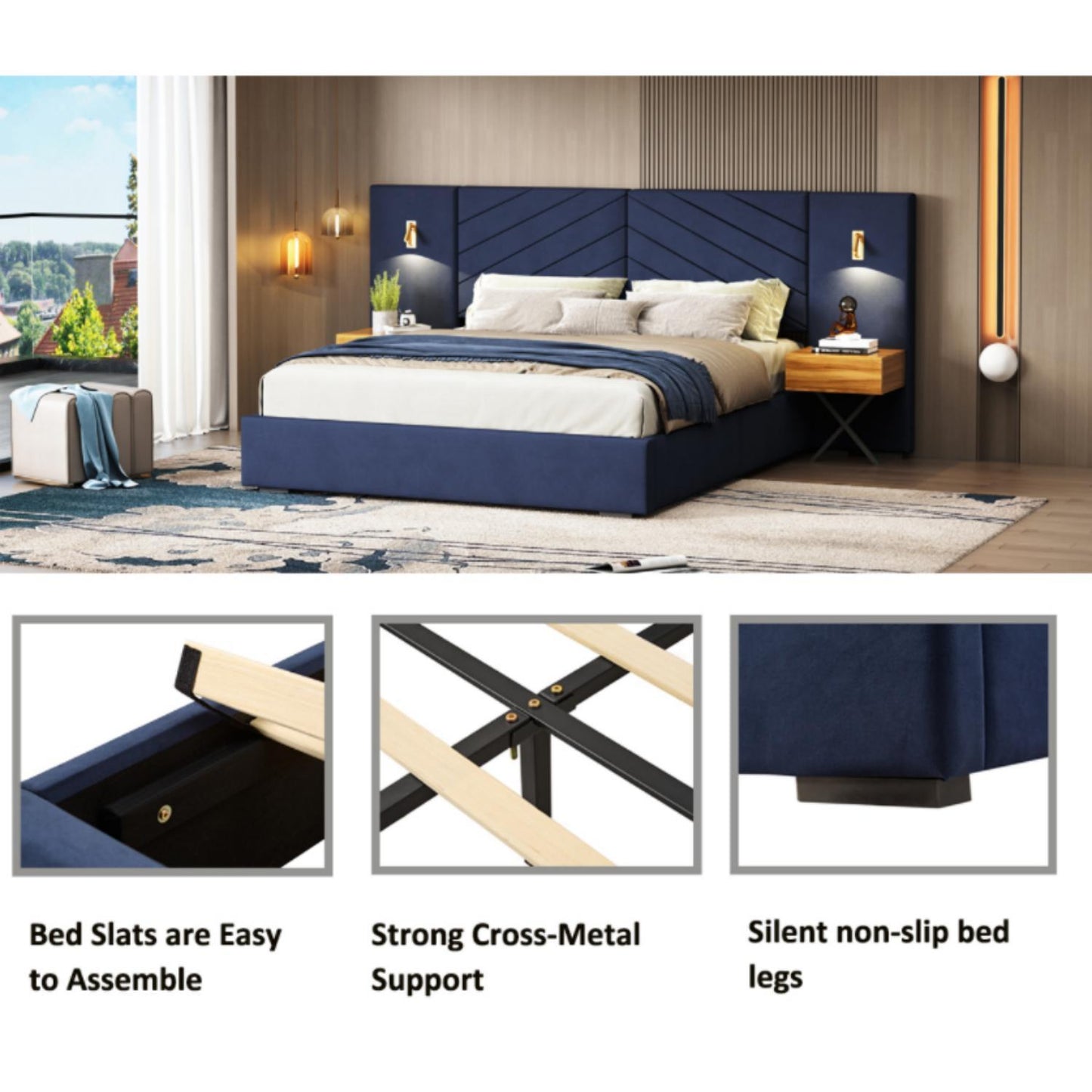 Upholstered Bed Frame With Vertical Channel Tufted Wingback Headboard - The Sleep Loft - Online Mattress Showroom NYC