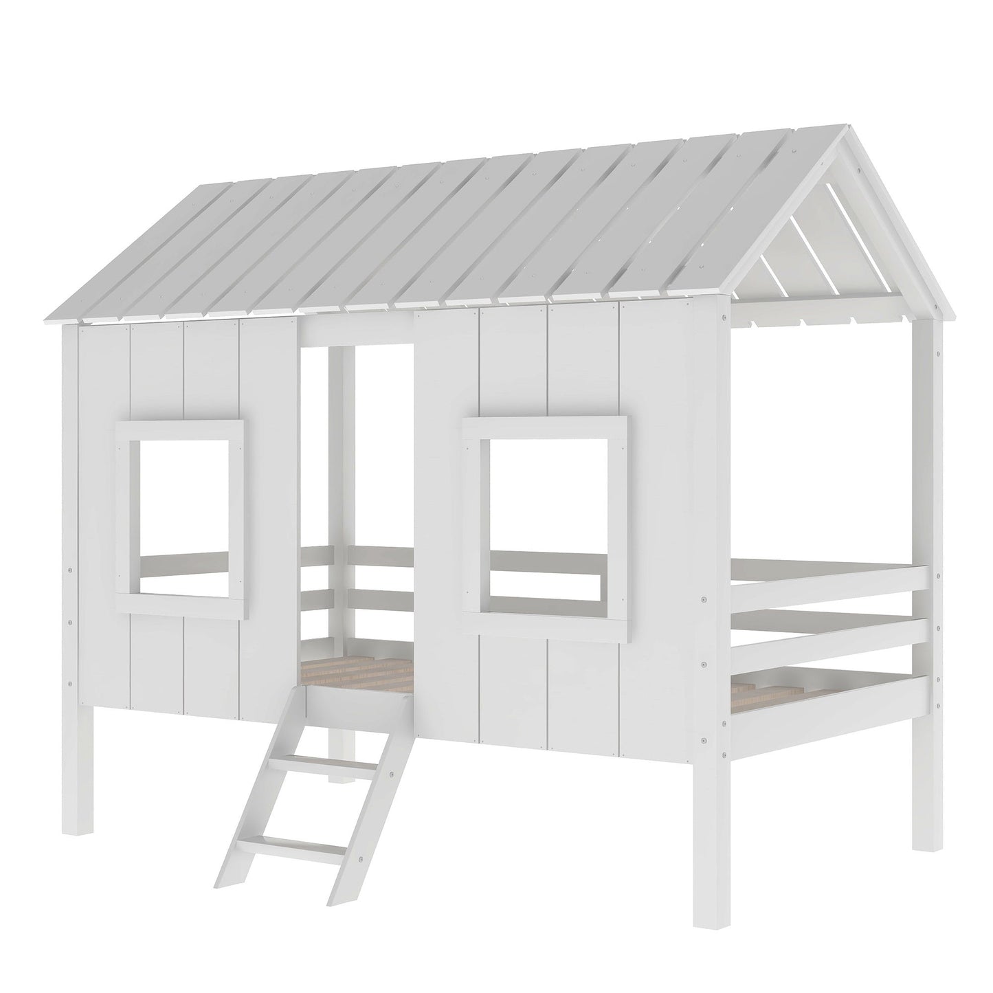 Twin Size Low Loft House Bed With Roof And 2 Front Windows - White - The Sleep Loft - Online Mattress Showroom NYC